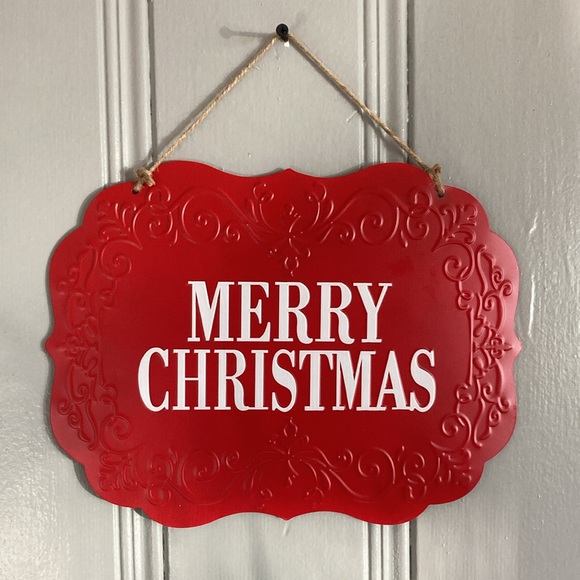 NWT Beautiful Holiday Red & White Merry Christmas Embossed Metal Decoration Sign - Picture 4 of 12